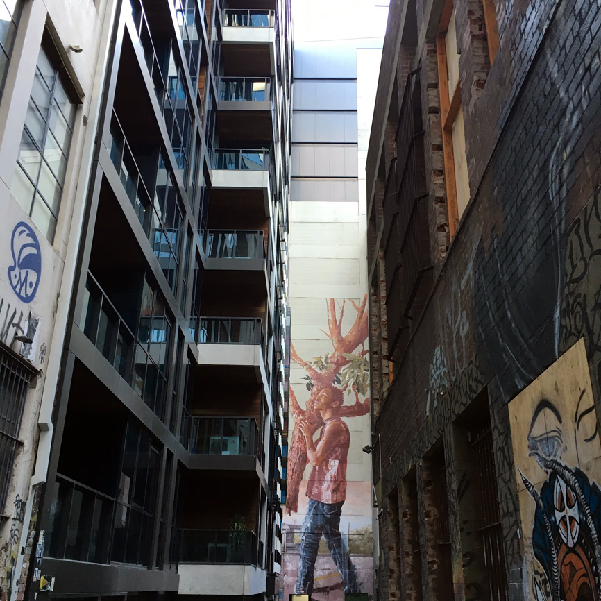 Savouring street art in Duckboard Place, Melbourne